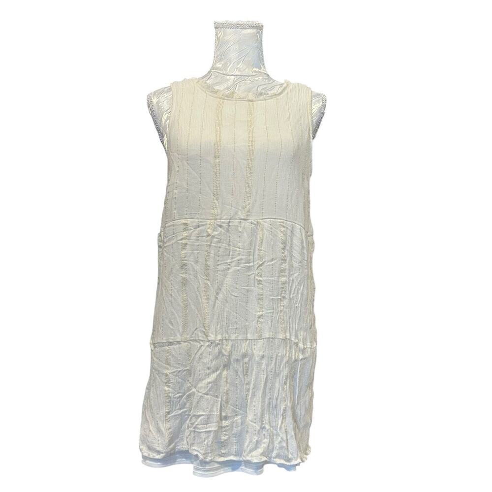 Altar'd State White Metallic Gold Tiered Dress Sleeveless Tie Back Boho Size L